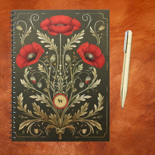 Carnet Vintage Poppies Gold Red Art Nouveau Monogram