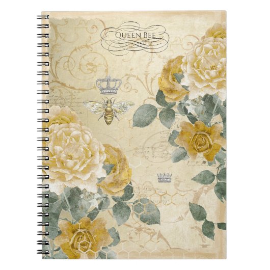 Carnet Vintage Queen Bee Gold Rose Floral (Devant)