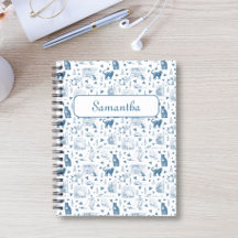 Vintage Retro Toile Motif Chat Catnip Blanc Bleu