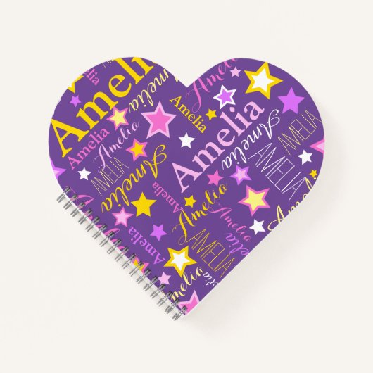 Carnet Violet rose jaune filles nom Amelia étoiles motif (Devant)