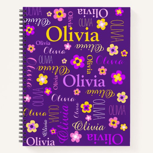 Carnet Violet rose jaune filles nom Olivia fleur (Devant)