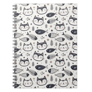 Carnet Visage de Chat Mignon & Motif d'Os de Poisson - De