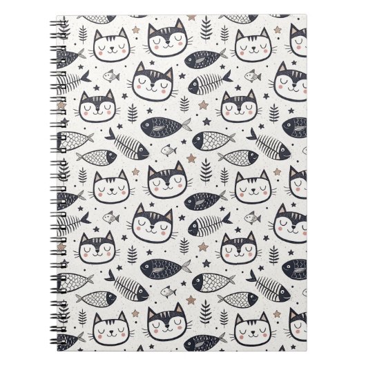 Carnet Visage de Chat Mignon & Motif d'Os de Poisson - De (Devant)