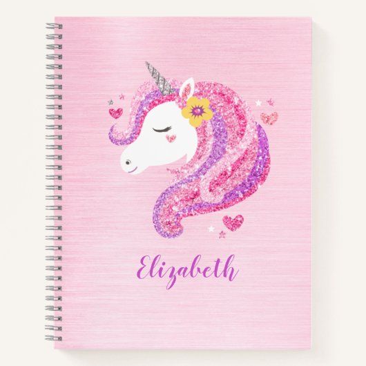 Carnet Visage de licorne rose pailleté personnalisé (Devant)
