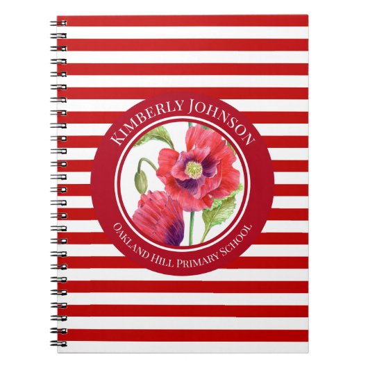 Carnet Vivid Red Poppies Floral Cercle Blanc rayures (Devant)