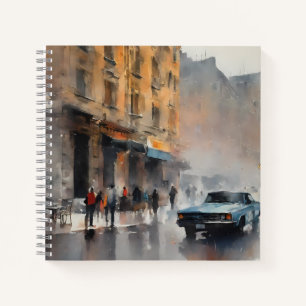 Carnet Voiture bleue vintage à Foggy Cityscape