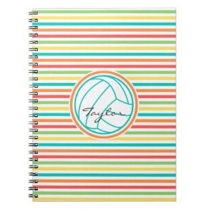 Carnet Volley-ball avec nom; Bright Rainbow Stripes