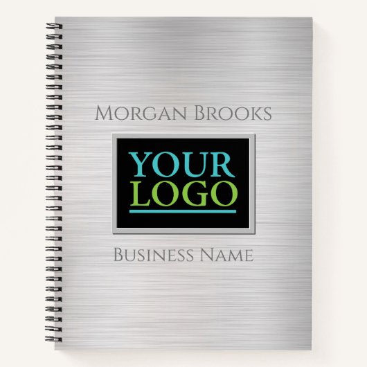 Carnet Votre logo, nom commercial en acier brossé et noir (Devant)