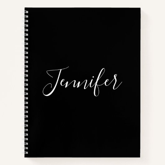 Carnet Votre nom | Élégant script blanc sur noir (Devant)