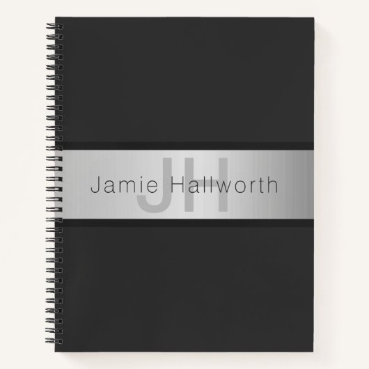 Carnet Votre nom et monogramme | Gris et aspect argent fa (Devant)
