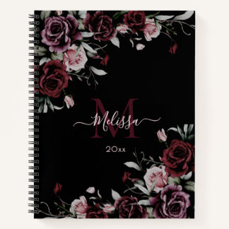 Carnet Watercolor Dark Moody Roses Monogram Black