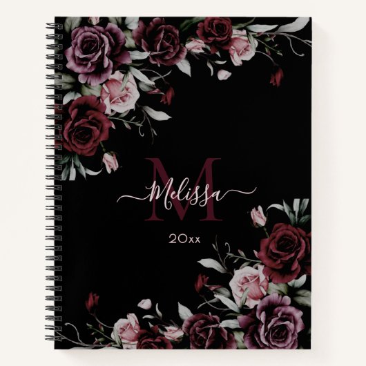 Carnet Watercolor Dark Moody Roses Monogram Black (Devant)