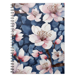 Carnet Watercolor Sakura Floral Navy Blue Elegant Spiral