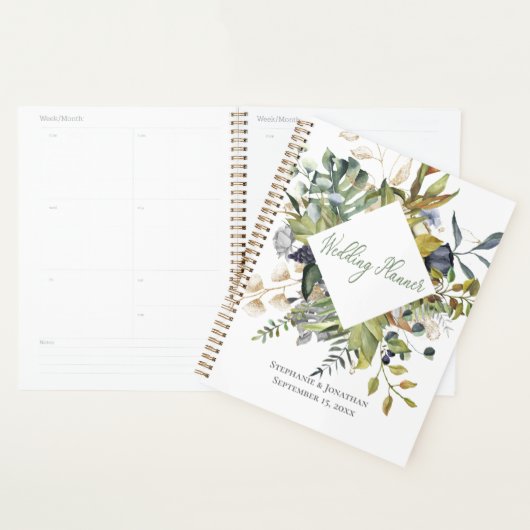 Carnet Wedding planner bleu et vert tropical (Devant avec enveloppe)