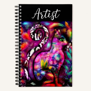 Carnet Whimsical Abstrait Kitty Chat Floral Rouge Vert ro