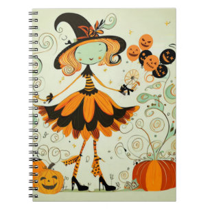 Carnet whimsical/sorcière/citrouille/chute