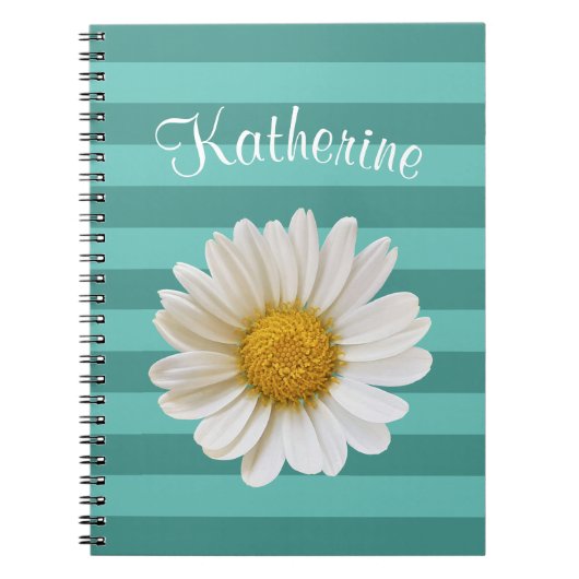 Carnet White Daisy Turquoise strié Nom personnalisé (Devant)