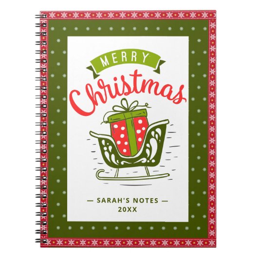 Carnet Xmas Sleigh Red Green Ribbon Snowflake Texte perso (Devant)