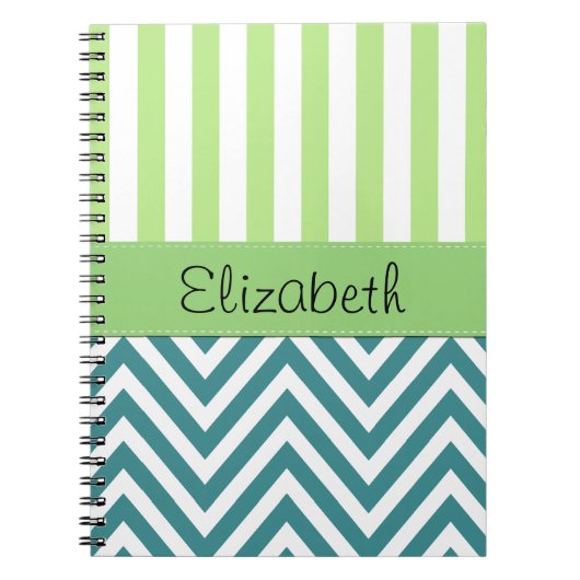 Carnet Zigzag Bleu, Chevron, Grandes Vertes, Votre Nom (Devant)