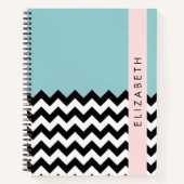 Carnet Zigzag noir et blanc, Chevron, Bleu, Votre nom (Devant)