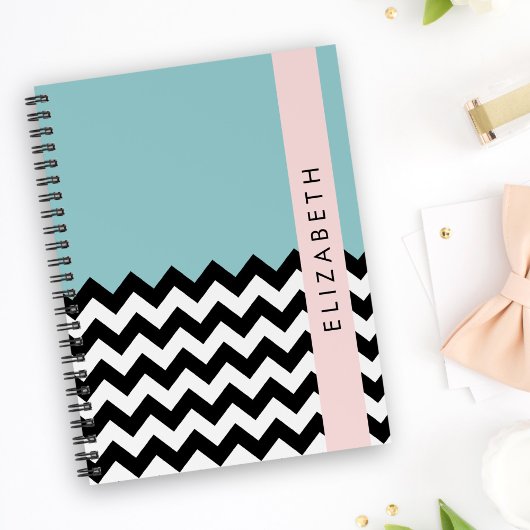 Carnet Zigzag noir et blanc, Chevron, Bleu, Votre nom