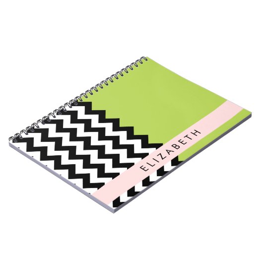 Carnet Zigzag noir et blanc, Chevron, Vert, Votre nom (Côté gauche)
