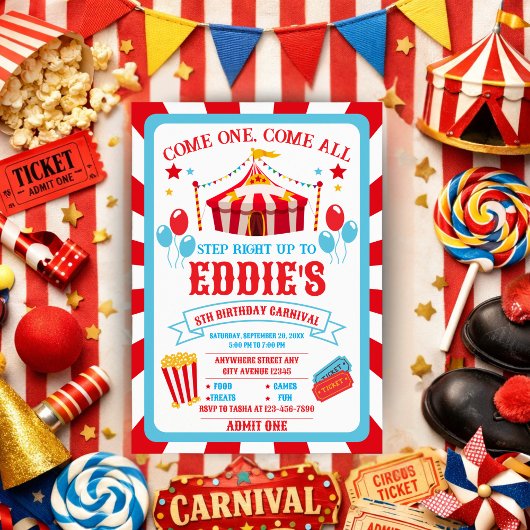 Carnival Birthday Invitation, Circus Invitation  Kaart
