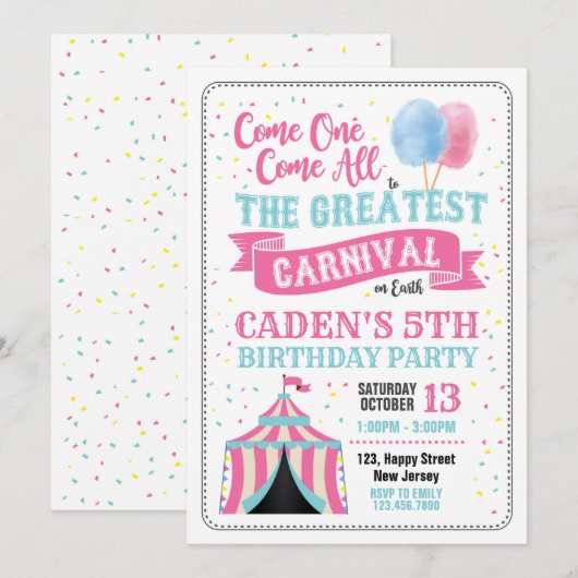Carnival Birthday Invitation Kaart (Voorkant / Achterkant)