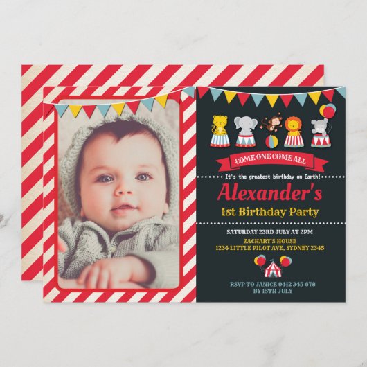 Carnival Circus Animals Birthday Party Invitation Kaart (Voorkant / Achterkant)