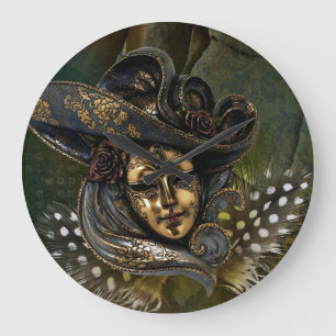 Carnival Mask-Green Damask Wall Clock Grote Klok