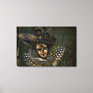 Carnival Mask-Green Damask Wrapped Canvas Afdruk