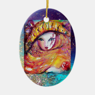 CARNIVAL MASK IN GOLD YELLOW MET RODE ROSE KERAMISCH ORNAMENT