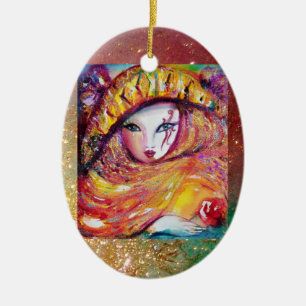 CARNIVAL MASK IN GOLD YELLOW MET RODE ROSE KERAMISCH ORNAMENT