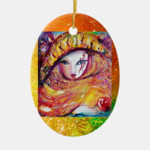 CARNIVAL MASK IN GOLD YELLOW MET RODE ROSE KERAMISCH ORNAMENT