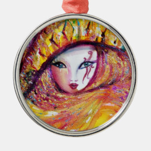 CARNIVAL MASK IN GOLD YELLOW MET RODE ROSE METALEN ORNAMENT