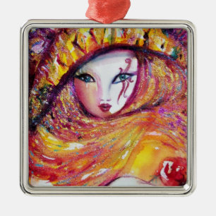 CARNIVAL MASK IN GOLD YELLOW MET RODE ROSE METALEN ORNAMENT