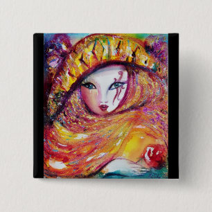 CARNIVAL MASK IN GOLD YELLOW MET RODE ROSE VIERKANTE BUTTON 5,1 CM