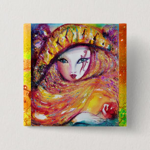 CARNIVAL MASK IN GOLD YELLOW MET RODE ROSE VIERKANTE BUTTON 5,1 CM