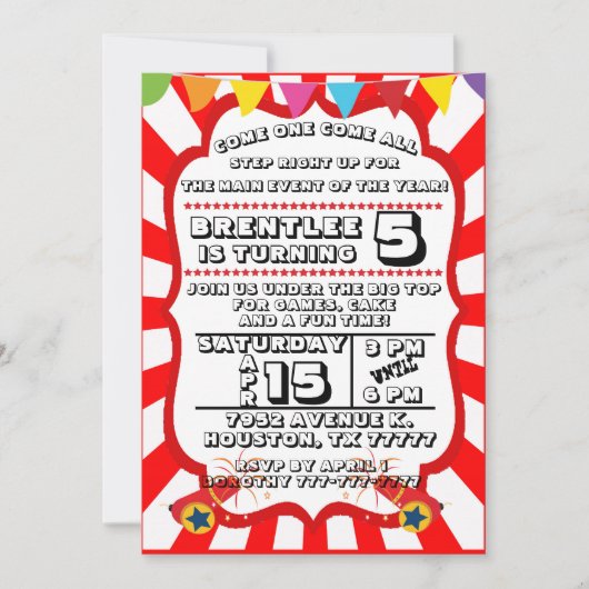 Carnival Party Invitation, Circus Invitation Kaart (Voorkant)