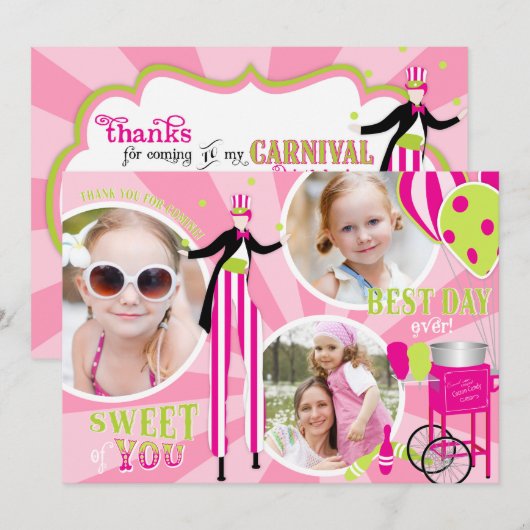 Carnival Stilt Walker & Cotton Snoep Dank je wel 3 Bedankkaart (Voorkant / Achterkant)