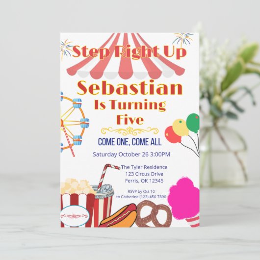 Carnivalfeest Uitnodiging met Tent Dak & Hapjes (Staand voorkant)