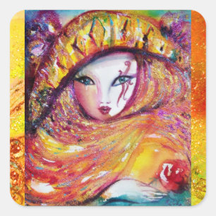 CARNIVALMASKER IN GEEL MET RODE ROOS VIERKANTE STICKER