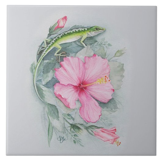 Carolina Anole & Hibiscus Ceramic Tegel Tegeltje (Voorkant)