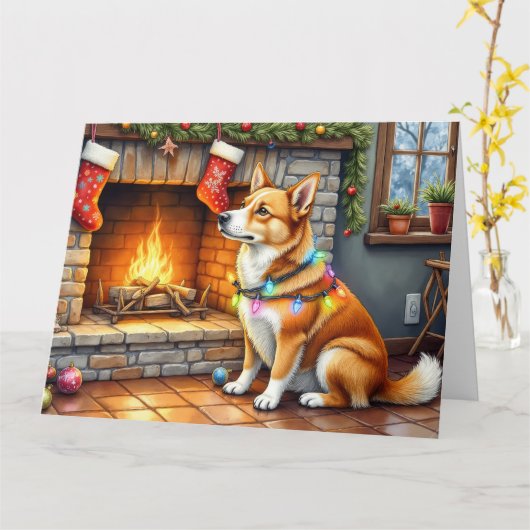Carolina Dog Fireplace with Christmas Lights Kaart (Gele Bloem)