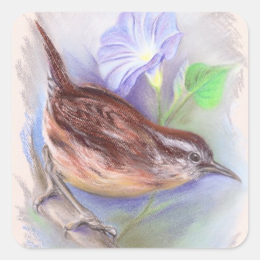 Carolina Wren met Morning Glory Flowers Vierkante Sticker (Voorkant)