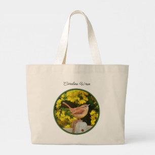 Carolina Wren over hekwerk met originele vogelkuns Grote Tote Bag