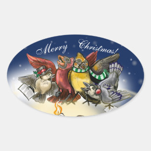 Caroling Birds Kerstmis Ovale Sticker