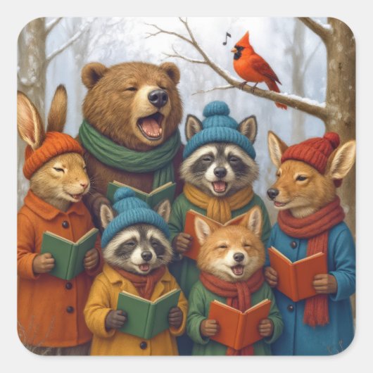 Caroling Christmas Forest Animals  Vierkante Sticker (Voorkant)