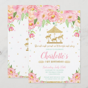 Carousel 1st Birthday Pink Floral Gold Girl Kaart