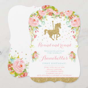 Carousel Birthday Invitation Floral Pink Mint Gold Kaart